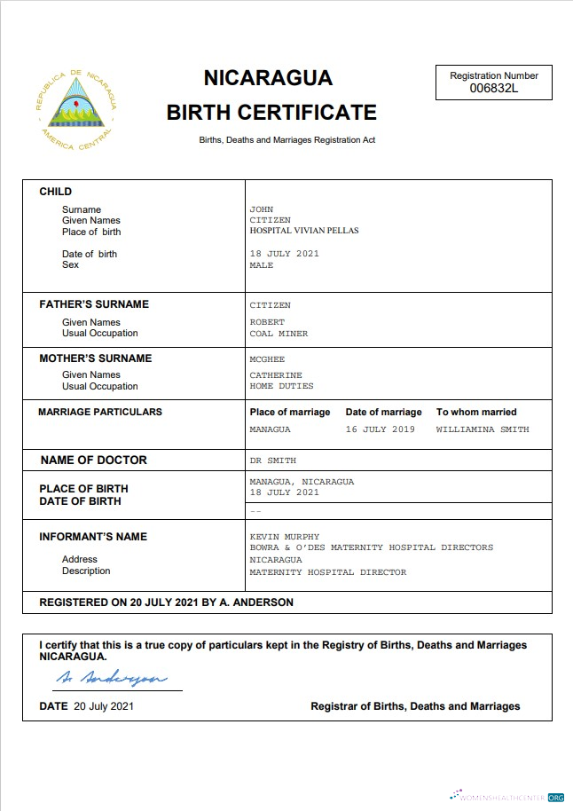 Download Nicaragua vital record birth certificate Word and PDF template Photoshop template